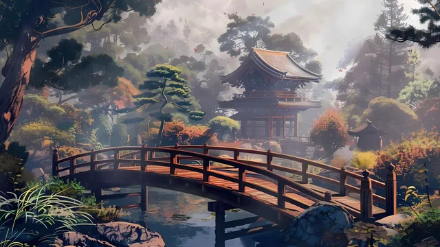 Wooden bridge over calm water leading to a temple among ancient trees