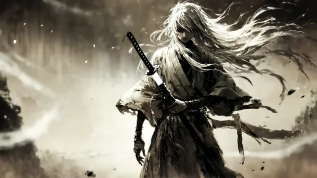 Pale-haired ronin in partial shadow holding a lowered sword amid drifting ash