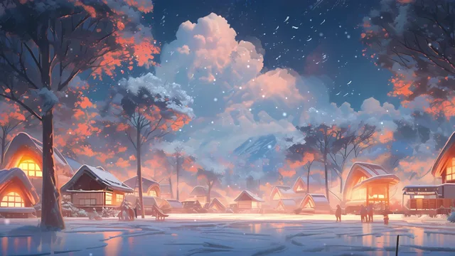 Snowy village glowing beneath coral clouds and falling snow