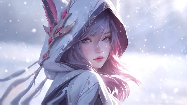 Xayah walking alone through falling snow in an ornate winter cloak