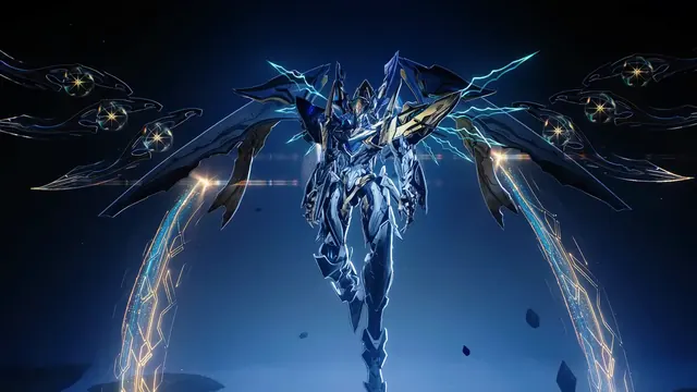Wuthering Waves wallpaper centered on the Exostrider in a sci-fi game scene