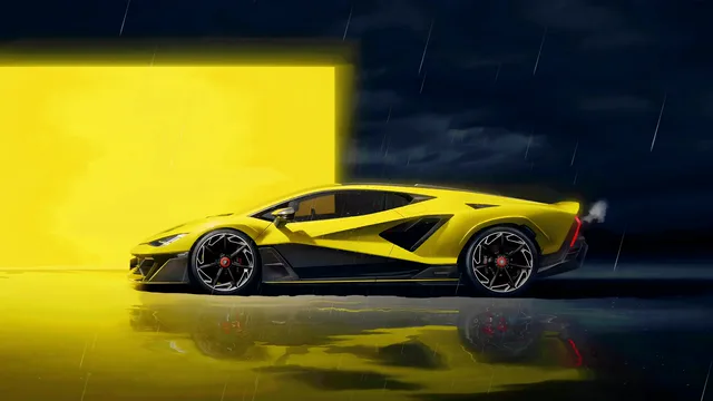 Yellow supercar parked on a rain-soaked street with reflections on wet asphalt