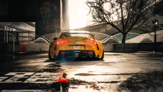 Yellow Toyota Supra in a cinematic city live wallpaper