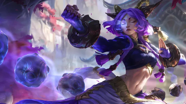 Yunara surrounded by floating violet spheres in a dark League of Legends scene