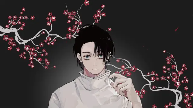 Yuta Okkotsu standing quietly before sparse cherry blossom branches
