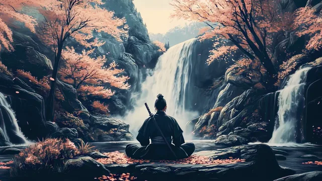 Solitary samurai meditating beside a waterfall with a katana resting nearby.