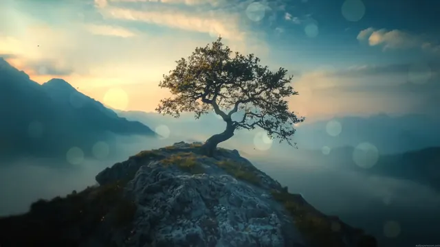 Solitary zen tree standing before mountains softened by dense fog