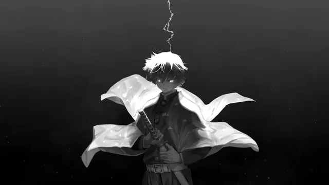 Zenitsu using Thunder Breathing in a monochrome anime wallpaper