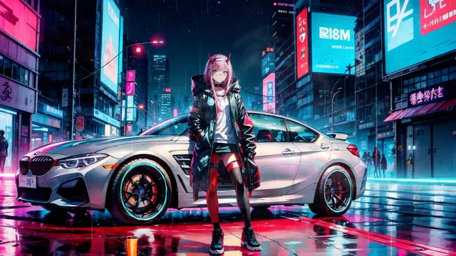 Zero Two standing beside a BMW F36 in a neon-lit futuristic city
