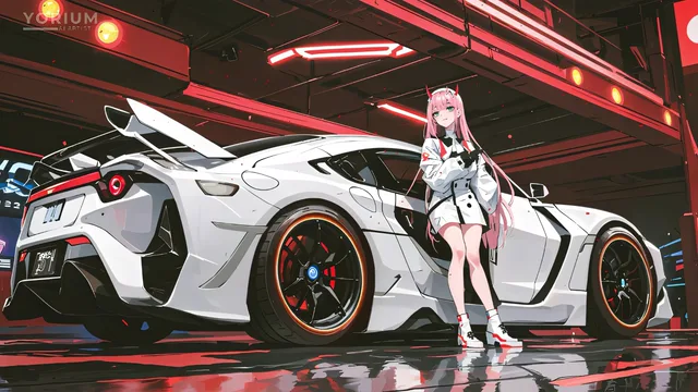Zero Two beside a white Toyota GR 86