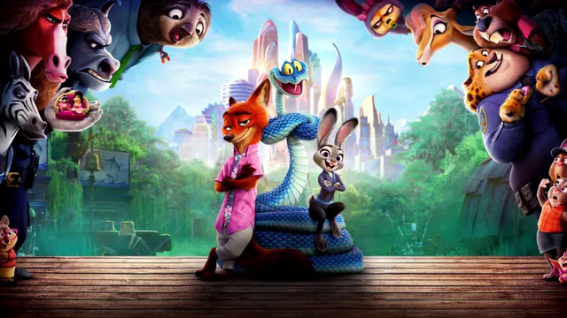 Nick Wilde and Judy Hopps standing in a vibrant animated city with colorful animal characters