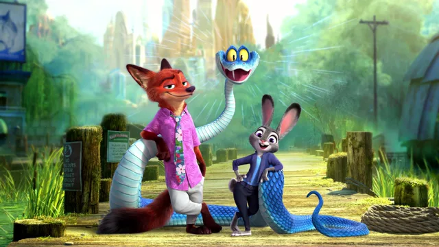Three anthropomorphic Zootopia heroes posing together against a sunlit city skyline