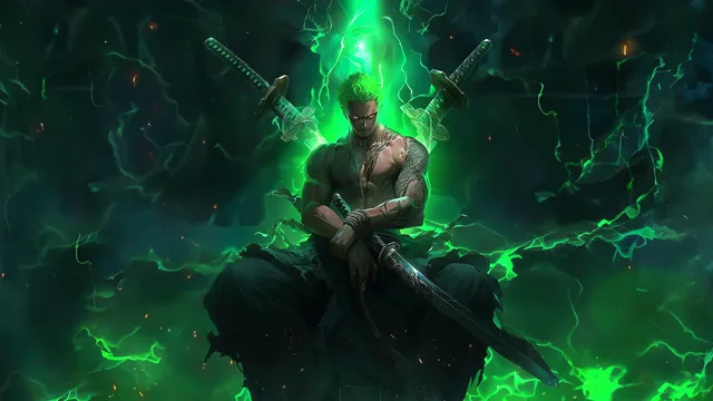 Zoro seated amid emerald lightning and green spectral smoke