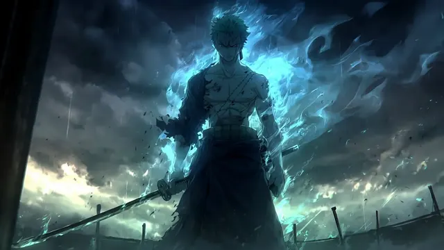 Zoro standing on a dark battlefield surrounded by blue spirit fire